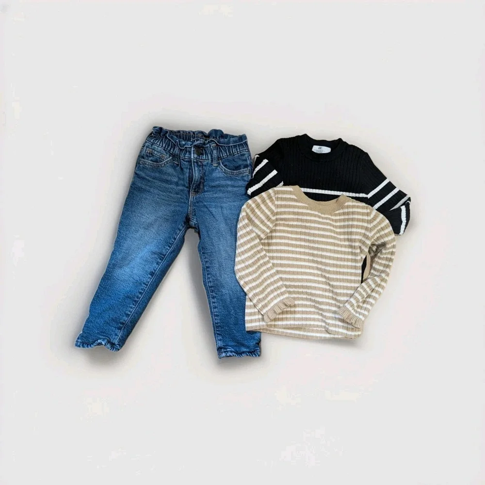 3T Baby Gap 3pc Lot BUNDLE Mom Jeans Fleece Ribbed Striped Top, H&M‎ Black Top